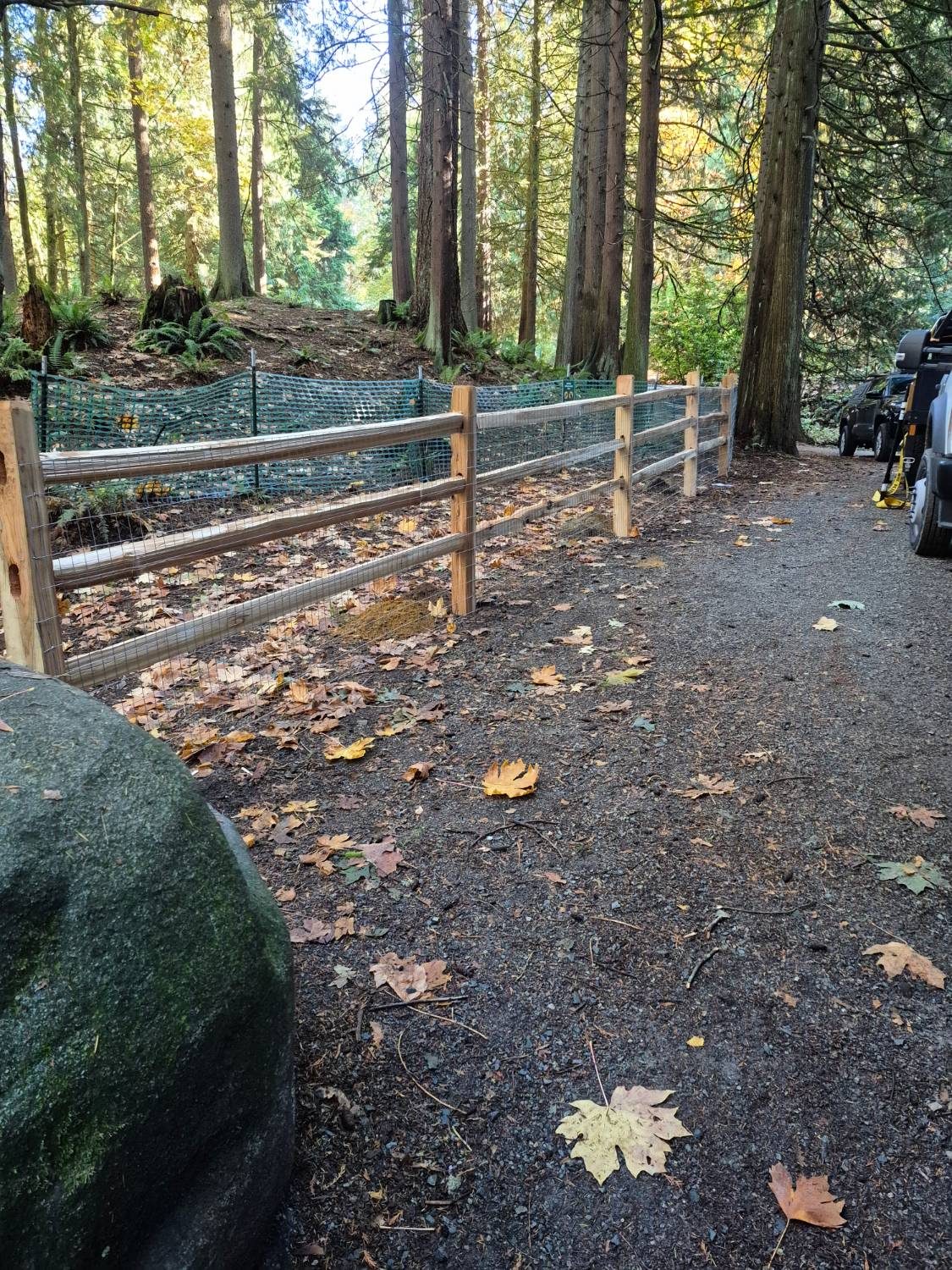 Split rail fence with wire mesh